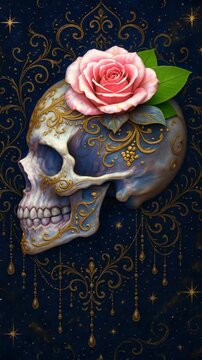 A mystical video concept featuring a frontal view of an ornate skull adorned with gold patterns and a pink rose, set against a dark, starry background. Live mobile wallpaper.