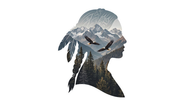 Double exposure silhouette of a woman with braided hair and mountain forest landscape isolated on transparent background