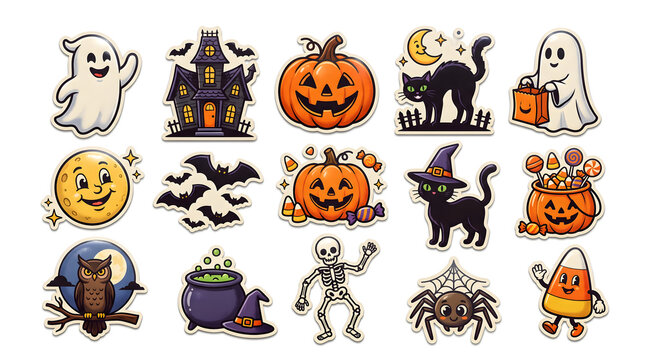Set of cute halloween stickers featuring ghosts, pumpkins, cats, and spooky elements
