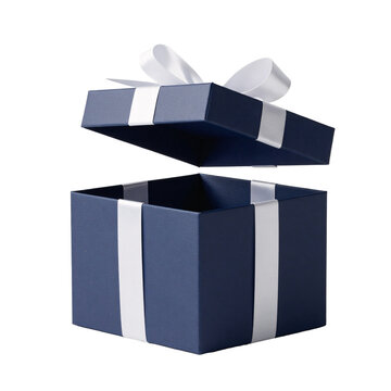 Open dark blue gift box with white ribbon on white background