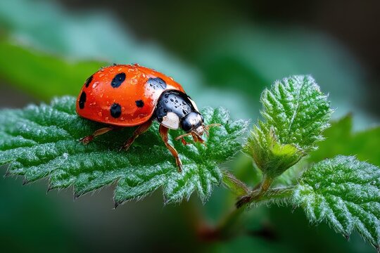 Ladybug with Water Droplets on Green Leaf