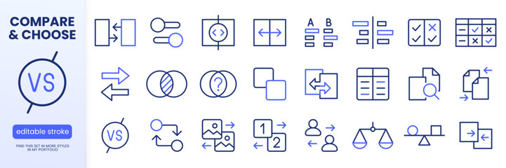Fototapeta na wymiar Comparison line icon set. Side-by-side compare, slider, A B test, file merge minimal vector illustrations. Simple outline signs for UI contrast analysis. Blue duotone color. Editable Stroke.