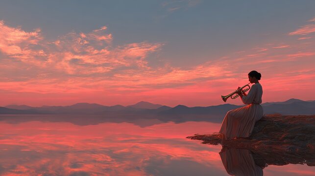 Silhouette musician playing golden trumpet against vibrant coral sunset sky, peaceful moment representing artistry and serene beauty
