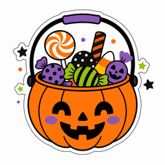 Fototapeta premium A cartoon illustration depicts a smiling orange jack-o-lantern bucket filled with colorful.