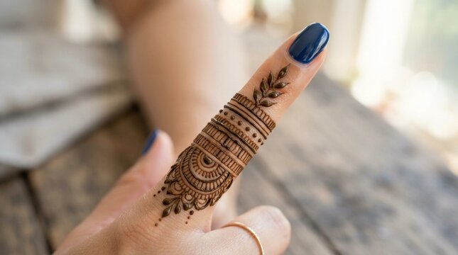 Intricate brown henna tattoo design applied delicately on a finger featuring dark blue nail polish against a rustic wooden surface captured in soft natural light