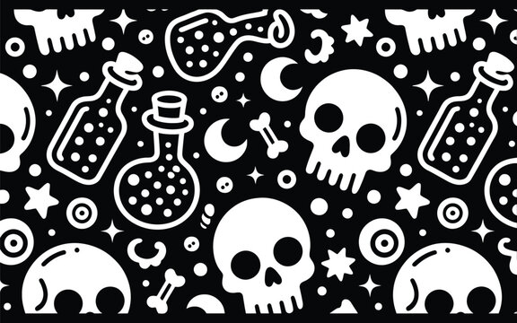 Seamless halloween pattern featuring white skulls magic potion bottles moon stars and dots on black background spooky design witchcraft theme gothic wallpaper