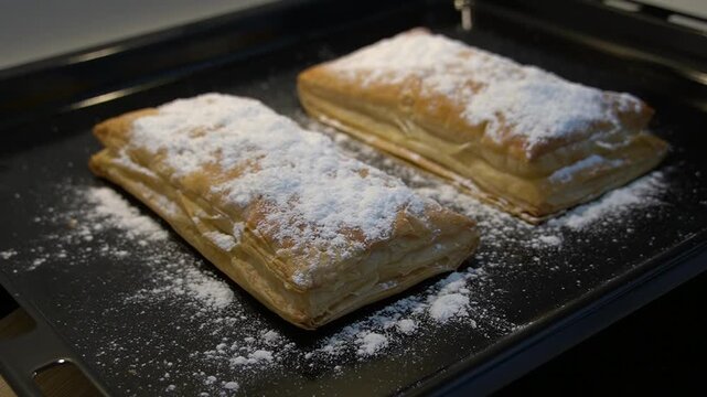 Freshly baked flaky puff pastry with powdered sugar on a dark baking tray.