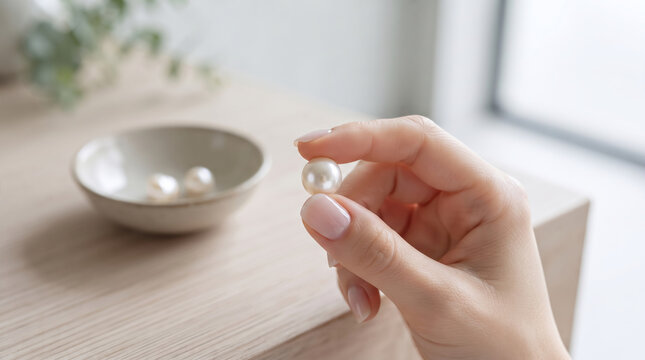一粒の美しい真珠を指先で優しくつまむ女性の手元