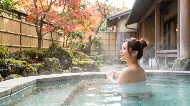 紅葉が美しい秋の露天風呂で温泉につかり寛ぐ笑顔の女性