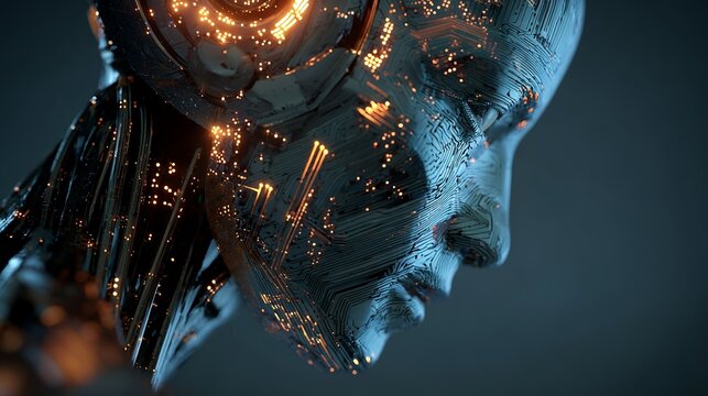 Glowing futuristic portrait showcasing metallic textures, brilliant orange highlights, and dark tones, concept for technology and innovation