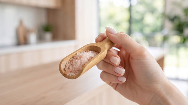 木製スプーンですくったピンクヒマラヤ岩塩を持つ女性の手