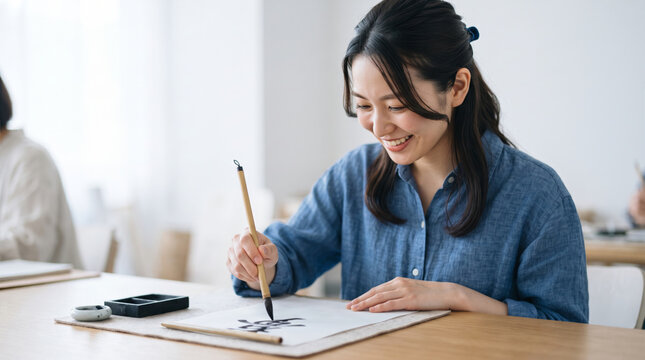 書道教室で笑顔で毛筆に向かう若年女性