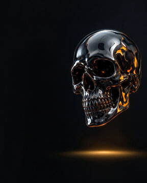 Polished chrome human skull floating in midair with golden reflections and warm spotlight against a dark background silver skull metal skull polished surface golden light
