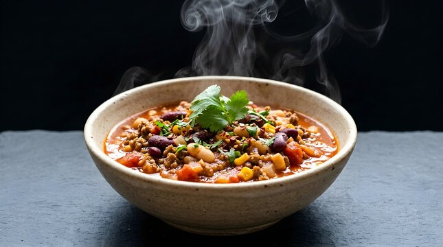 Steaming bowl of spicy chili con carne with beans and cilantro on a dark rustic table