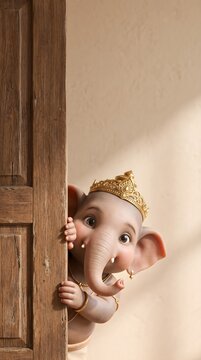 Playful Cartoon Ganesha Peeking Out from Behind a Rustic Wooden Door