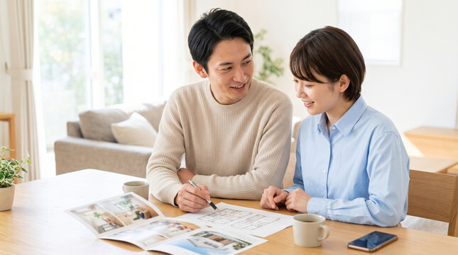 明るいリビングで間取り図やパンフレットを見ながら家づくりを話し合う若い夫婦