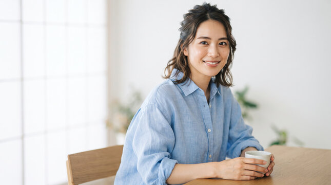部屋で湯飲みを手にして微笑む笑顔の女性