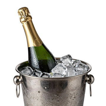 Green champagne bottle chilling in a metal ice bucket with condensation