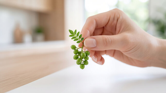 キッチンでフレッシュな実山椒を手にする女性の手元