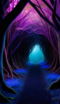 Abstract portal tunnel with swirling purple and cyan neon light energy, cosmic vortex background, sci-fi dynamic lines