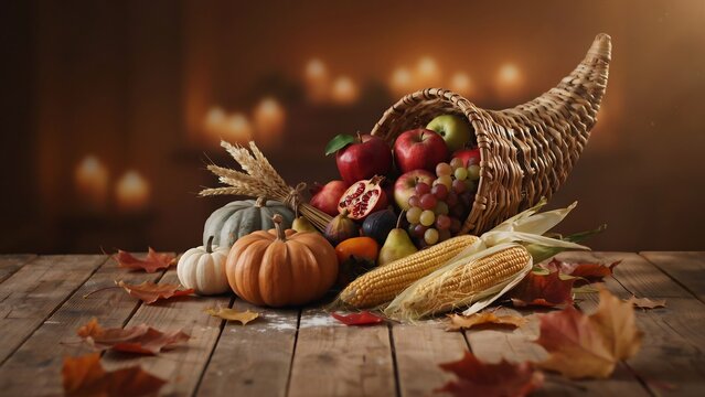 Thanksgiving cornucopia filled with fresh fruits vegetables and autumn harvest on rustic wooden table