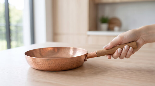 明るいキッチンで銅製フライパンの木製柄を握る女性の手元