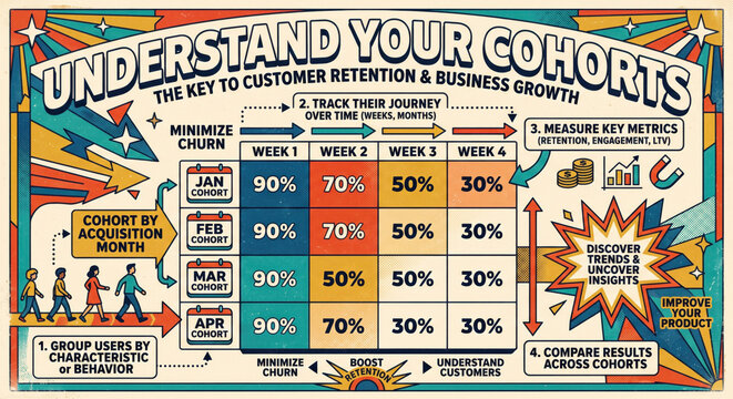 Poster: understand your cohorts; retention curve, churn rate; funnel metrics, lifecycle, revenue cohort.