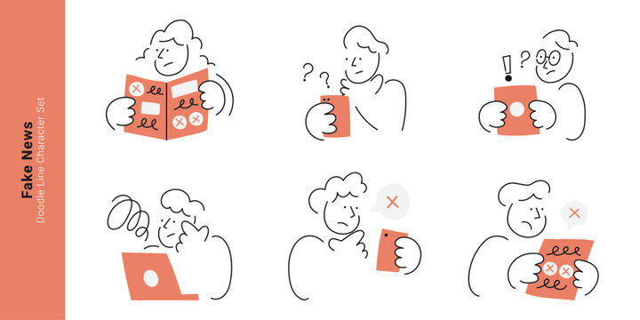 Fake news and disinformation concepts. Doodle line characters reading false newspaper, confused with smartphone, checking wrong information on laptop and tablet.
