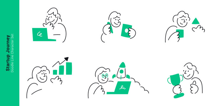 Startup business journey concepts. Doodle line characters planning idea on laptop, building project, analyzing growth chart, launching rocket, and holding trophy award.
