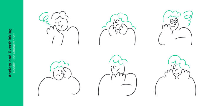 Mental health, anxiety, and overthinking concepts. Doodle line characters feeling stressed, worried, confused, and overwhelmed with messy thoughts.