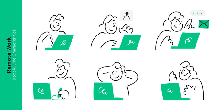 Remote work and work from home concepts. Doodle line characters working on laptop, video calling, sending email message, and relaxed freelance working.