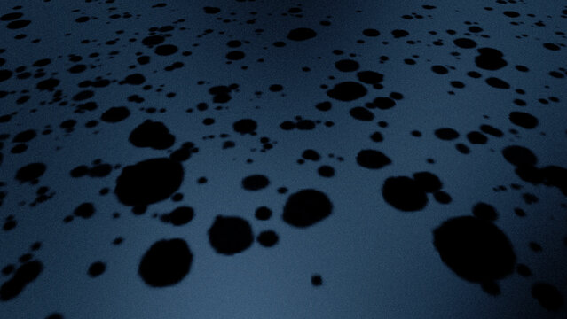 Dark droplets scatter across a cool-toned surface. Muted blue light enhances the texture beneath. Spots vary in size, shape, and depth. Mysterious, abstract, and minimalist feel