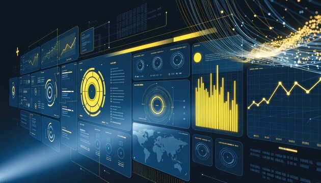 Futuristic digital dashboard with data visualizations and network streams