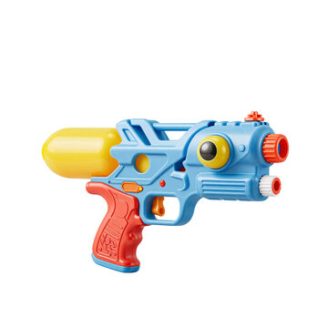 Bright blue and red plastic water gun toy with yellow reservoir