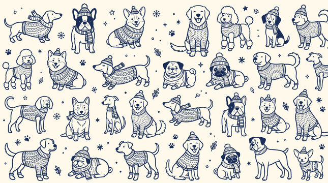 Seamless pattern with cute dogs in winter sweaters and hats