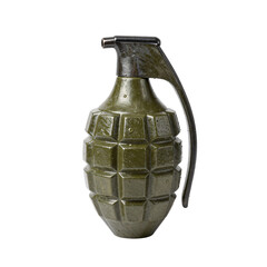 Obraz premium Olive green hand grenade with a black lever and fuse on a white background
