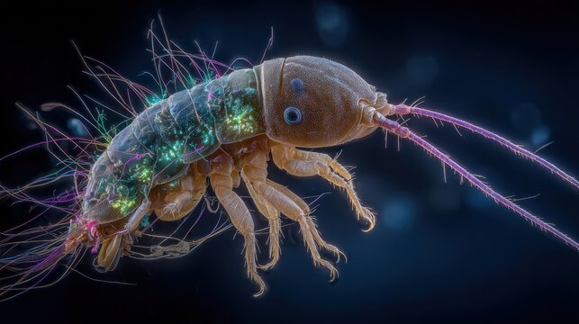 Intricate Microscopic Aquatic Crustacean with Vibrant Iridescent Details and Delicate Appendages