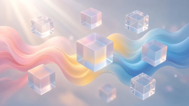 Transparent geometric cubes float above flowing pastel waves of light