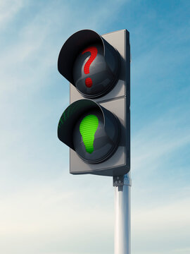 3D Rendering, idea, traffic light, green bulb, question sign