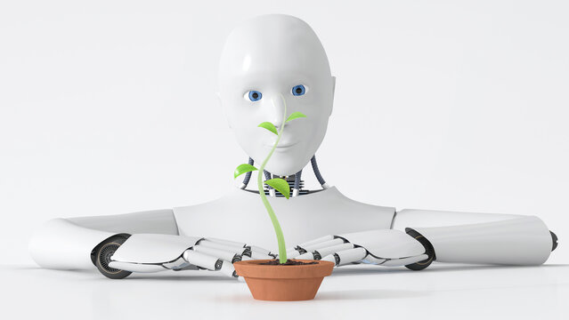 Robot watching green plant growing in plant pot