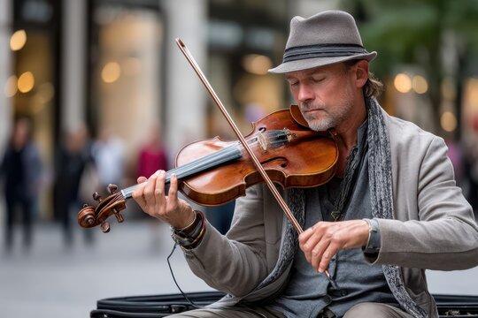 Street musician performs violin solo in urban shopping district during busy afternoon