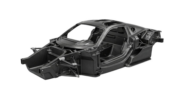 Carbon fiber monocoque supercar chassis, lightweight automotive frame structure, high performance racing car body shell isolated PNG with Transparent Background