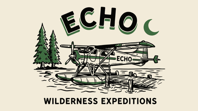 Vintage ECHO Wilderness Expeditions seaplane illustration featuring floatplane at wooden pier and pine trees for t-shirt design print and apparel