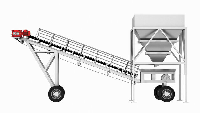 Profile side view of mobile conveyor belt with hopper loading feeder isolated on white background, industrial material handling equipment, 3d rendering.