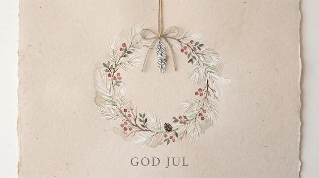 Watercolor Christmas wreath illustration with God Jul text.