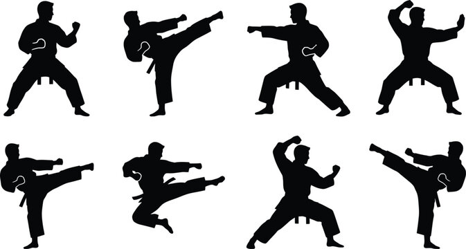 Set of black silhouettes showing various karate martial arts fighting poses and kicking techniques on white background