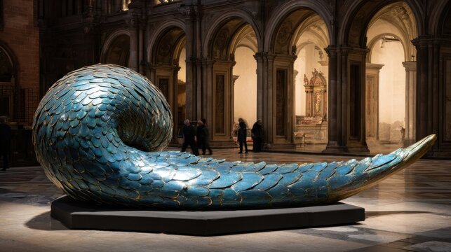 Majestic Serpent Sculpture in Ornate Museum Hall with Arched Architecture