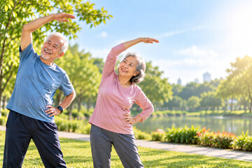 Obraz premium Active Senior Couple Exercising and Stretching Together in Sunny Park