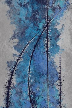 Abstract blue painting features dark splatters on a gray background