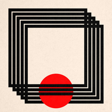 Abstract constructivist illustration with black squares and red sphere